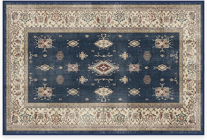 RUGGABLE Washable Vintage Area Rug – Verena Sapphire 2x3, Stain-Resistant, Non-Slip – Small Machine Washable Rugs for Living Room, Bedroom, Hallway, Entryway & Bathroom–with Standard Pad