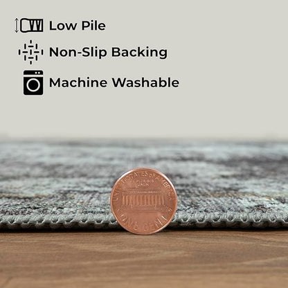 GLN Rugs Contemporary Collection - Machine Washable Area Rug, Contemporary Washable, Non Slip, Low Pile Chenille Rug, Living Room, Bedroom, Kitchen Rug (2' x 3' Grey/Green)