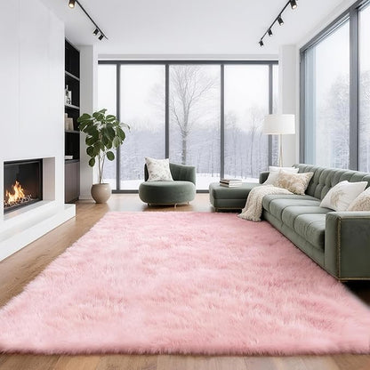 6x9 Solid Fluffy Pink Area Rug – Washable, Durable, Large Bedroom Rug, Non-Slip High Pile Shag Rugs for Living Room, Kids Room, Sofa Coffee Table, Nursery Rooms, Soft Indoor Floor Carpet