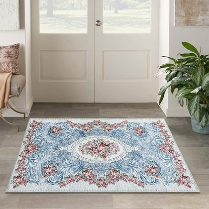 Easy-Going Area Rug 4x6 Washable Floral Rugs for Living Room Non-Slip Bedroom Rug Low Pile Lightweight Retro Flowers Throw Rug for Dining Room Kitchen Home Office Carpet, Teal Red