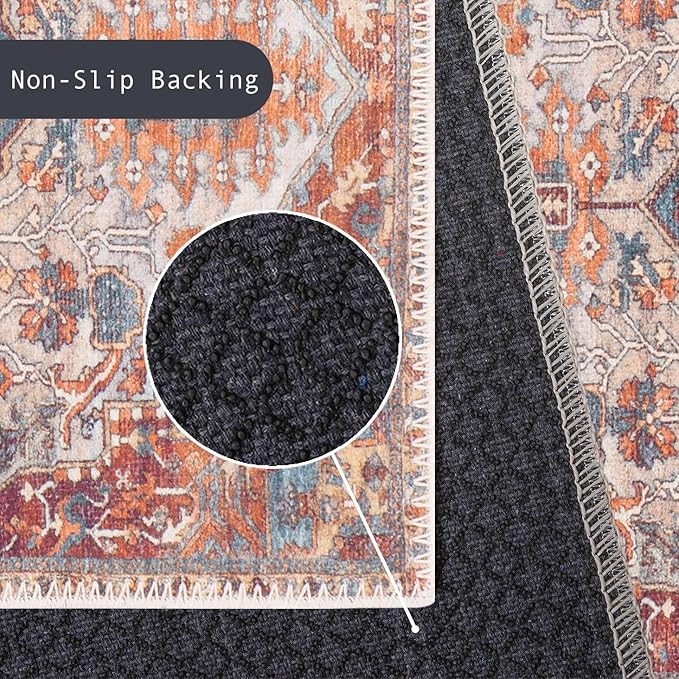 GLN Rugs Traditional Collection - Machine Washable Area Rug, Traditional Washable, Non Slip, Low Pile Chenille Rug, Living Room, Bedroom, Kitchen Rug (8' x 10' Cream/Terra)