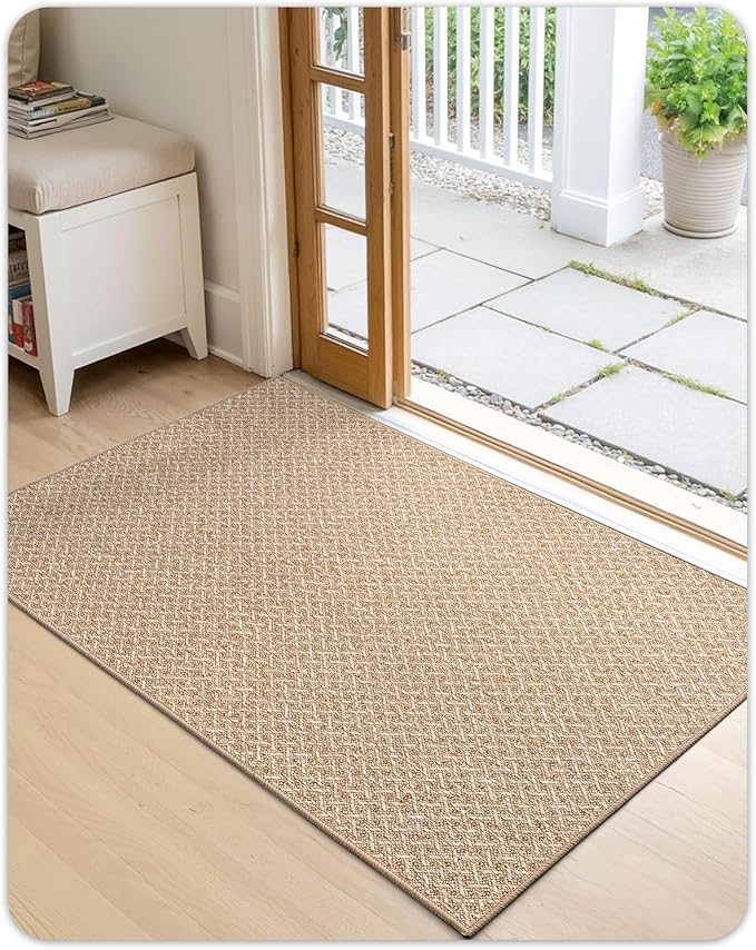 Color&Geometry Ultra Thin Indoor Door Mat Non Slip Rubber Backed Dirt Trapper 24"x36"(Rolled-up NO Creases), Rugs for Entryway, Front Door Mat Indoor Washable Low-Profile Entry Mat, Khaki