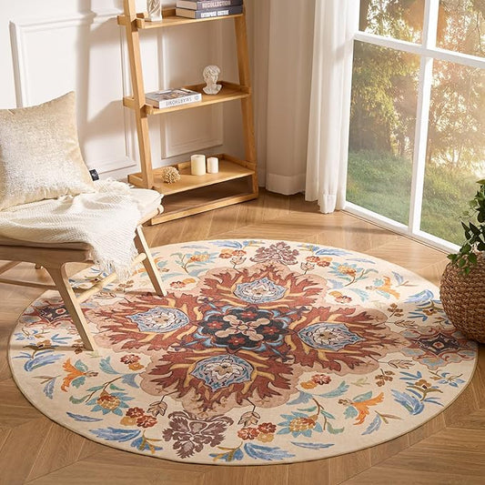 Phantoscope Washable Round Area Rug 6ft Non-Slip, Vintage Boho Rugs for Living Room, Bedroom, Dining Room, Fall Orange Floral Medallion Pattern, Low-Pile Foldable Floor Carpet, Rust/Multi Floral
