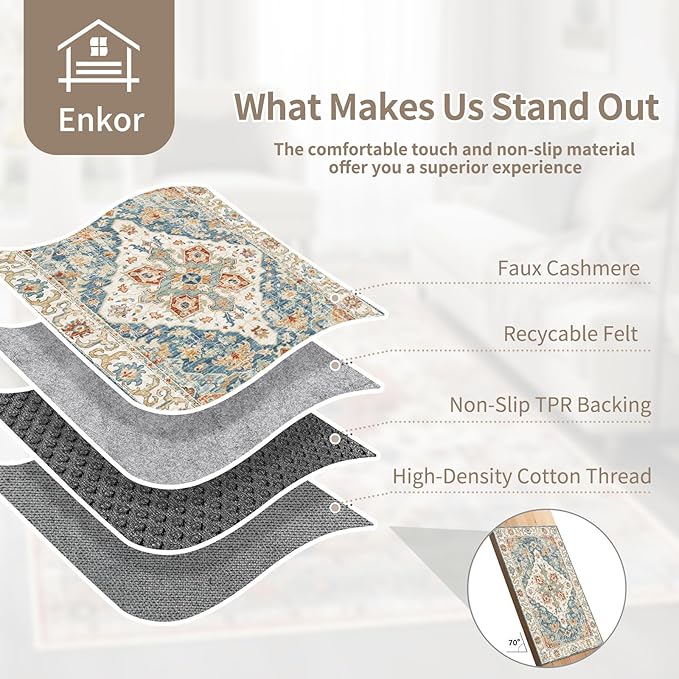 Enkor Area Soft Rugs 4x6 Washable Non Slip Boho Floor Rugs for Living Room Bedroom, Vintage Style Farmhouse Mat for Kitchen Entryway Orange & Blue