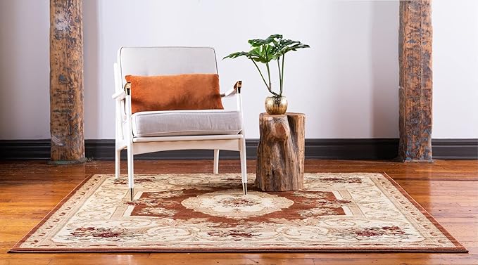 Rugs.com Chateau Collection Rug – 6 Ft Square Brick Red Medium Rug Perfect for Living Rooms, Kitchens, Entryways
