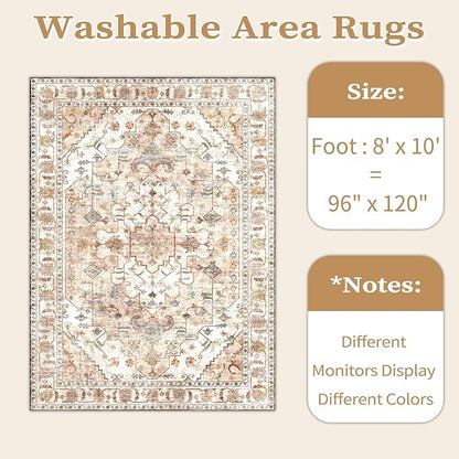 SERISSA Boho 8x10 Area Rugs Peach Cream, Washable Vintage Large Living Room Rug Non-Slip, Ultra Soft Oriental Print Distressed Farmhouse Carpet for Dining Room Bedroom Dorm Office Home Decor