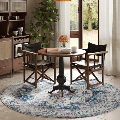 jinchan Kelda Round Rug 7ft Washable Area Rug Indoor Vintage Bedroom Floor Cover Distressed Circle Mat 7' Round Lightweight Non Slip Low Pile Thin Farmhouse Carpet for Living Room Navy Blue