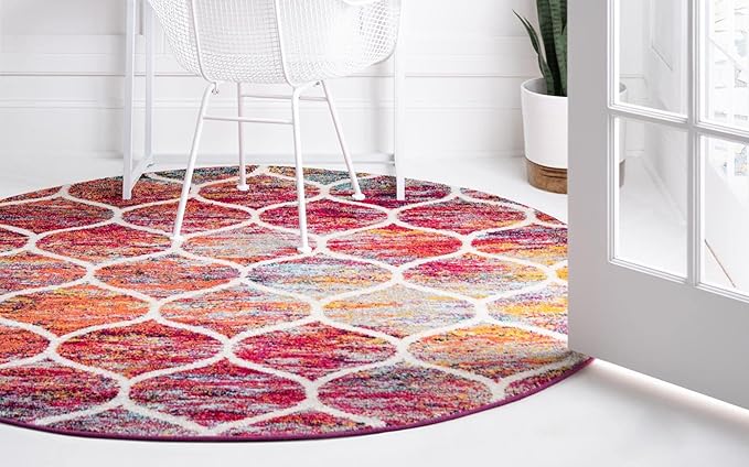 Rugs.com Lattice Frieze Collection Rug – 4' Round Multi Medium Rug Perfect for Kitchens, Dining Rooms