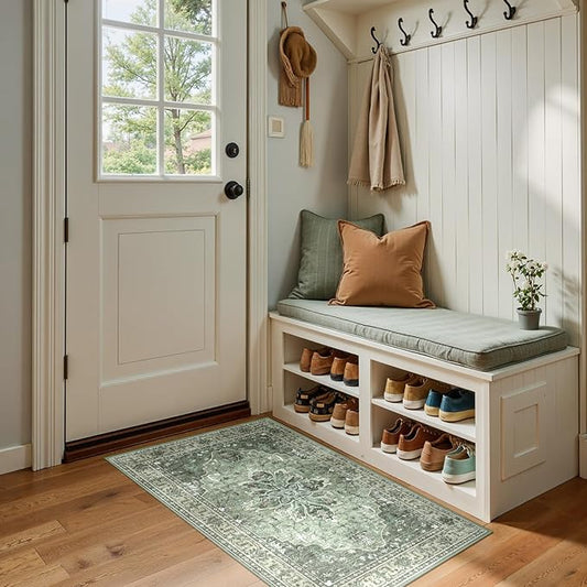 Area Rugs 2'x4' Washable Non-Slip, Floral Vintage Distress Print Pattern Medallion Carpet for Living Room Bedroom Dining Room, Dark Green Gray