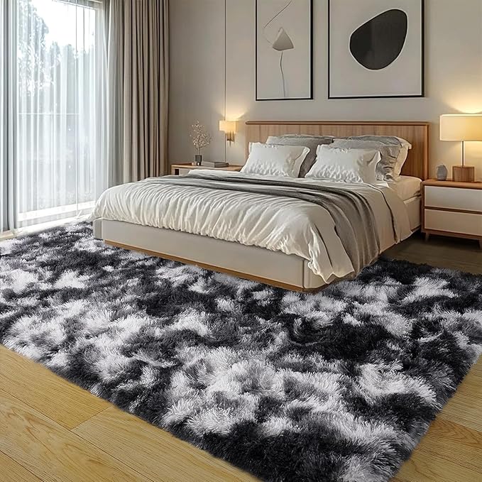 Fluffy Rug for Living Room Shaggy Area Rug High Pile Fuzzy Rug Non-Slip Indoor Floor Carpet Plush Area Rugs for Living Room Tie Dye Black White 6x9