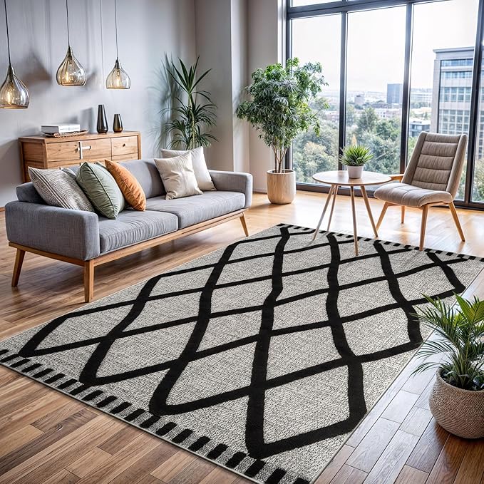 CAMILSON Modern Rug 10x14 Luxury Diamond Pattern Large Micro Loop Area Rugs Soft High-Low Pile Stain Resistant Easy to Clean Non-Shedding Durable Living Room Bedroom Indoor Carpet (Black/Gray)