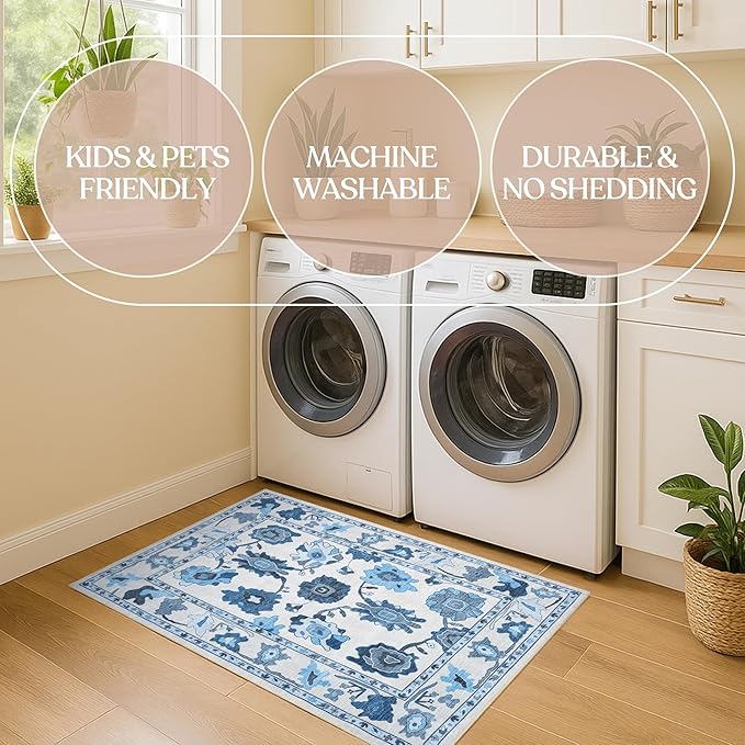 Fame Living Navy Blue Oushak Rug, Modern Rugs, Vintage, Turkish, Eclectic, Floral, Pastel, Washable, Small Throw, Accent Area Rug for Living Room, Bedroom, Kitchen, Bathroom, 2'5"x4'9"