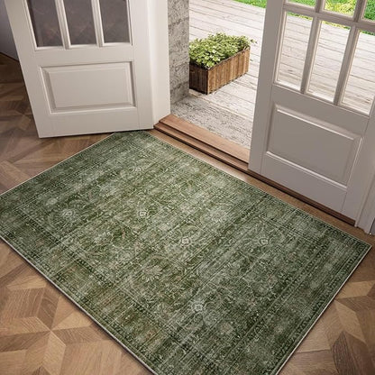 Washable 3x5 Entryway Rug, Boho Non-Slip Vintage Distress Small Rugs for Kitchen Nursery Office Bedroom, 0.3" Neutral Oriental Throw Thin Carpet with Cushioning Pad, Grass Green/Multi