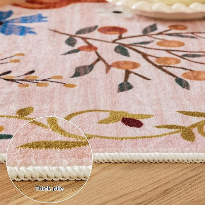 2x3 Washable Rug for Entryway, Floral Soft Small Area Rug, Non Slip Doormat Indoor Entrance Carpet, Flower Low Pile Front Door Throw Rug for Bedroom, Kitchen, Laundry, Bathroom, Pink/Beige