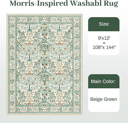 9x12 Area Rug Living Room Rug - Floral Vintage Forest Washable Carpet, Low Pile Non-Slip Stain Resistance Boho Soft Large Carpet for Bedroom, Dining Room Under Table, Farmhouse (9'x12' Beige Green)