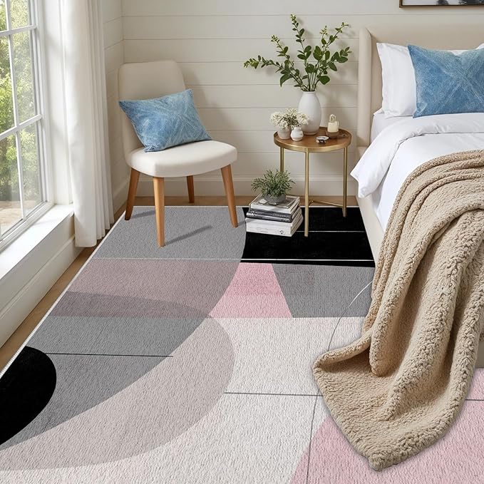 Abstract Art Line Living Room Area Rugs 4x5, Modern Boho Geometric Print Rug, Minimalist Washable Non Slip Neutral Soft Carpet for Bedroom, Dining Room Office Playroom, Black Gray