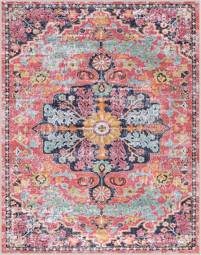 Lahome 8x10 Area Rugs for Living Room, Washable Rugs for Bedroom Aesthetic Large Dining Room Rugs for Under Table, Bohemian Printed Low Pile Nursery Carpet for Playroom Home Office, Fuchsia/Multi