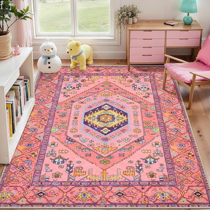 SERISSA 3x5 Boho Area Rug, Washable Non-Slip Rugs for Baby Girls Bedroom, Ultra Soft Cute Pastel Aesthetic Fuchsia Pink Rugs for Nursery Indoor Entryway Kitchen Office Kids Playroom Dorm Decor