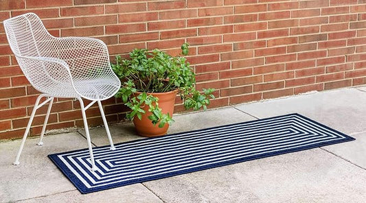 Unique Loom Sabrina Soto Outdoor Collection Geometric, Modern, Vibrant, Carved Area Rug (2' 0 x 6' 0 Runner, Navy Blue/ Ivory)