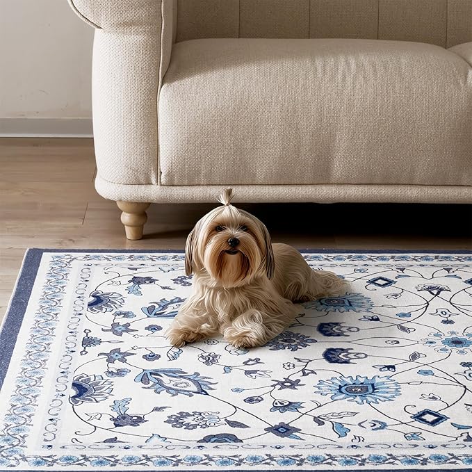 EVERGRACE Hallyway Area Runner Rugs 2x10, Boho Floral Faux Wool Indoor Outdoor Rugs, Washable Rugs for Bedroom Dining Room Living Room Kitchen, Low Pile Floor Mat Carpet for Home Decor, Porcelain Blue
