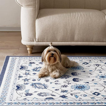EVERGRACE Hallyway Area Runner Rugs 2x10, Boho Floral Faux Wool Indoor Outdoor Rugs, Washable Rugs for Bedroom Dining Room Living Room Kitchen, Low Pile Floor Mat Carpet for Home Decor, Porcelain Blue