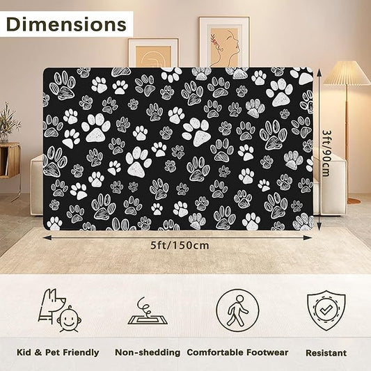 Cat Paws Black Area Rug for Living Room, Non-Slip Backing Low Pile Modern Abstract Rug for Indoor Use, 3x5 Washable Carpet