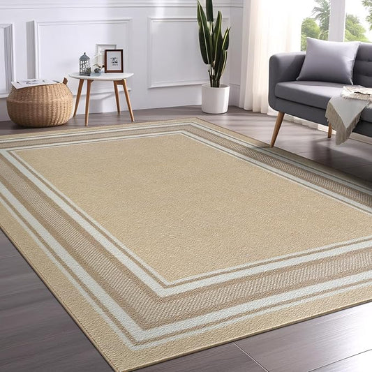 Beverly Rug Non Slip Area Rugs 3x5 Modern Bordered Non Skid Rubber Backing Soft Area Rug for Living Dining Room Easy to Clean Non Shedding Kitchen Bedroom Indoor Carpet 3 x 5 Beige