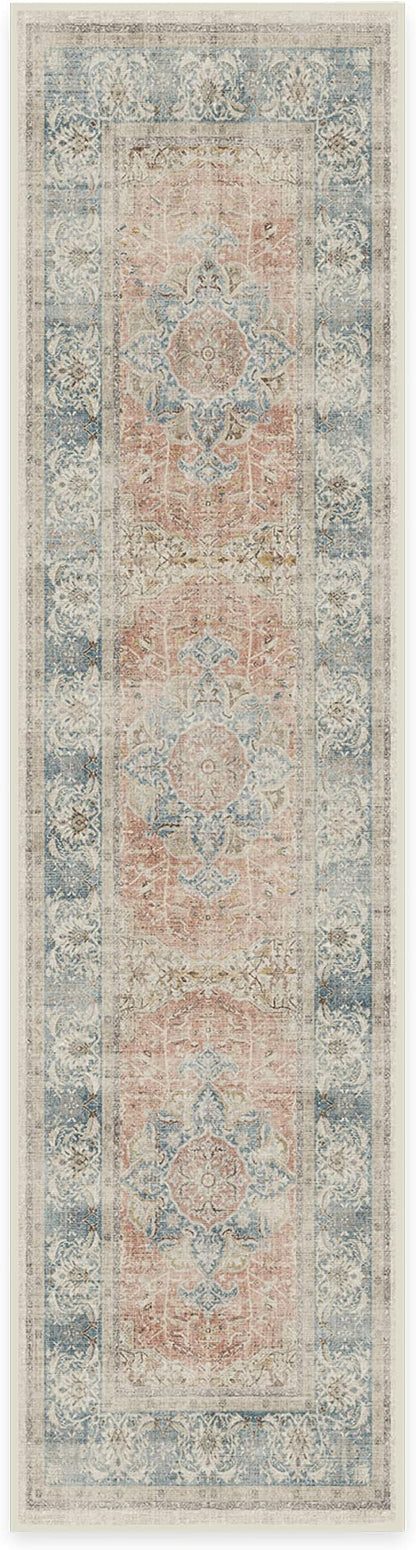 RUGGABLE Washable Vintage Runner Rug – Sarrah Coral 2.5x10, Stain-Resistant, Non-Slip Hallway Runner – Machine Washable Rug for Hallway, Entryway, Living Room & Kitchen–with Cushioned Pad