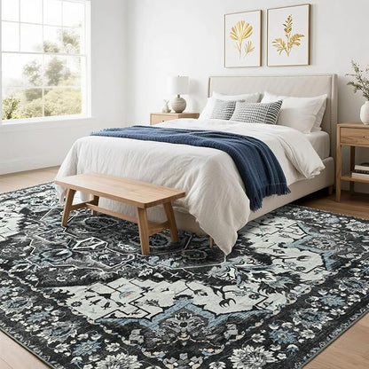 Beglad Area Rugs 5x7 for Living Room, Bedroom, Washable Vintage Rugs -Low Pile Soft Distressed Rugs for Kitchen, Dining Room, Non Shedding, Black and Blue
