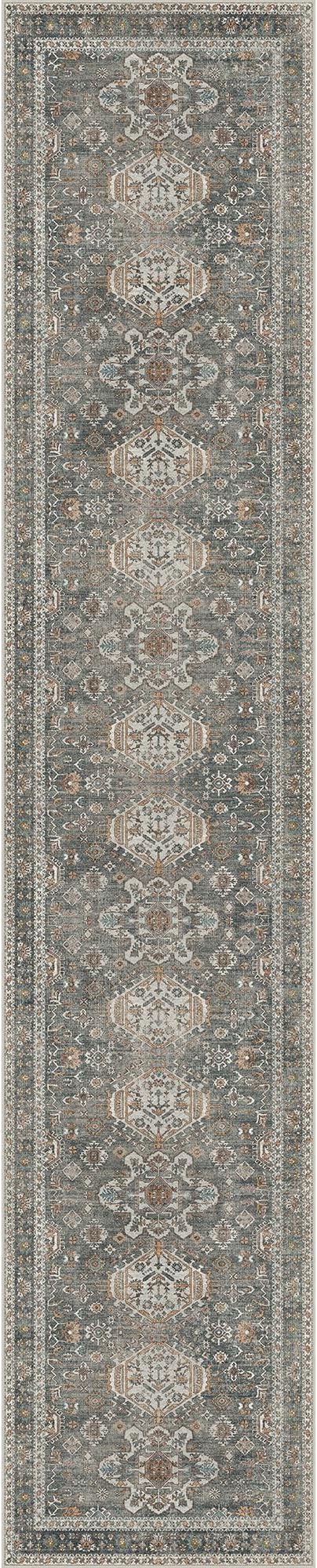Bavni Washable Runners for Hallways 2X10, Ultra-Thin Non Slip Long Runner Rug, Print Vintage Aesthetic Carpet Runner, Low Pile Rugs for Kitchen Porch Bedroom, Grey