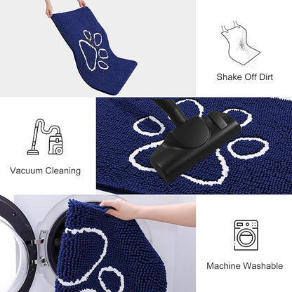 Smiry Dog Door Mat for Muddy Paws, Absorbent Dirt Trapper Non Slip Quick Dry Washable Chenille Mat for Mud Dogs, Entry Rug for Indoor and Outdoor (40x32 Inches, Navy Blue and White)