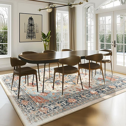Area Rugs Square 8ft Washable Non-Slip, Floral Vintage Distress Print Pattern Medallion Carpet for Living Room Bedroom Dining Room, Beige Navy Blue Orange Colorful