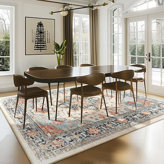 Area Rugs 7'x9' Washable Non-Slip, Floral Vintage Distress Print Pattern Medallion Carpet for Living Room Bedroom Dining Room, Beige Navy Blue Orange Colorful