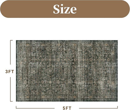 MontVoo-Vintage Area Rug 3x5 Green Rugs for Living Room-Soft Distressed Printed Rugs for Bedroom-Non Slip Carpet-Machine Washable Rug for Dining Room Living Room Bedside Office