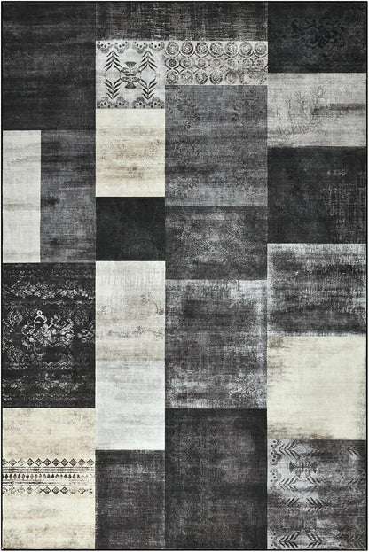 Tepook Modern Area Rug for Living Room, 5x7 Geometric Large Rugs for Bedroom, Washable Patchwork Rug Indoor Non-Slip Throw Carpets for Dining Room Office Farmhouse Home Decor, Black and White