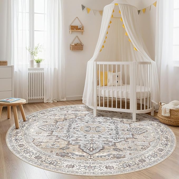 Round Rug Living Room Rugs: 8x8 Washable Boho Neutral Large Circle Soft Indoor Distressed Stain Resistant Floor Farmhouse Carpet for Bedroom Nursery Kids Playroom Office Dining Room Dorm- Cream Gray