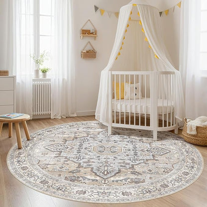 Round Rug Living Room Rugs: 8x8 Washable Boho Neutral Large Circle Soft Indoor Distressed Stain Resistant Floor Farmhouse Carpet for Bedroom Nursery Kids Playroom Office Dining Room Dorm- Cream Gray