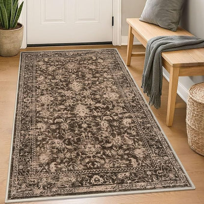 KILOCOCO Area Rug 3x5 Entryway Rug Washable Printed Vintage Floral Rubber Backed Non Slip Indoor Kitchen Rugs for Living Room Laundry Room Playroom Mudroom Moroccan Area Rugs, Rust Red