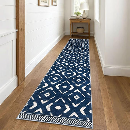 KILOCOCO Hallway Runner Rug 3x10 Runners for Hallways Washable Runner Soft Non Slip Printed Geometric Rubber Backed Low-Pile Rug Runners for Bedroom Kitchen Living Room Boho Rugs, Blue