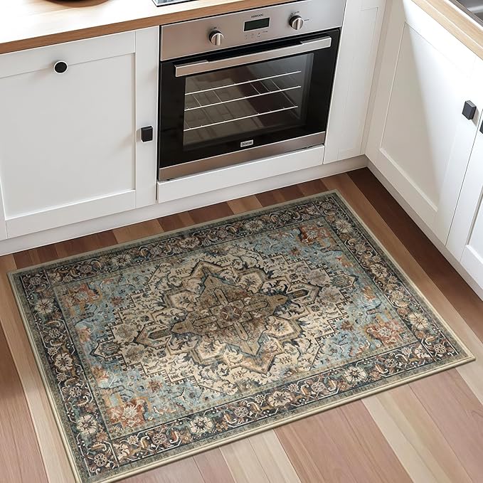 2x3 Machine Washable Area Rug for Entryway, Blue Beige Boho Vintage Floral Rug Non-Slip Low Pile Soft Faux Wool Small Carpet, Kids and Pets Friendly for Bedroom Kitchen Hallway Bedside Home Decor Rug