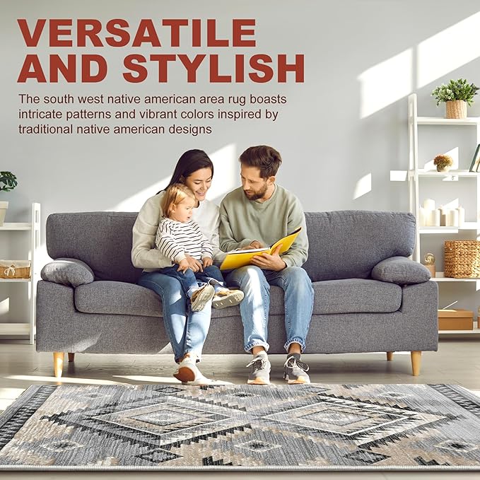 YHSF South West Native American Rug Ritz – Native Tribal American Indian Inspired Rug - Living Room, Bedroom, Hallway, Entryway & High-Traffic Area Rugs - Washable - Soft - Light Grey, 5 Feet x 7 Feet