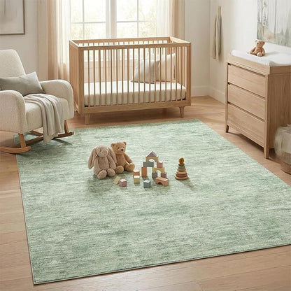 Garvee 5x7 Nursery Rug Washable Living Room Rug with Non Slip Backing, Stain Resistant Non Shedding Modern Solid Floor Cover Foldable Soft Thin Mats for Dining Room, Bedroom, Green