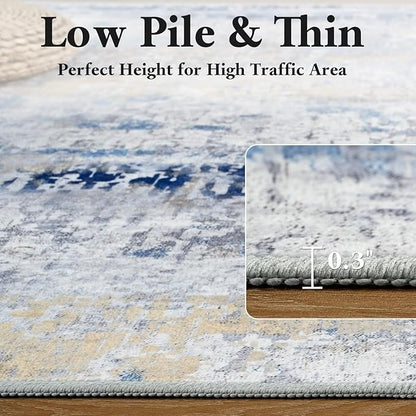 Washable Abstract Rug, 3x5 Modern Area Rugs with Non-Slip Rubber Backed for Bedroom, Thin but Soft Contemporary Carpet Kitchen Living Room Decor, Midnight Blue