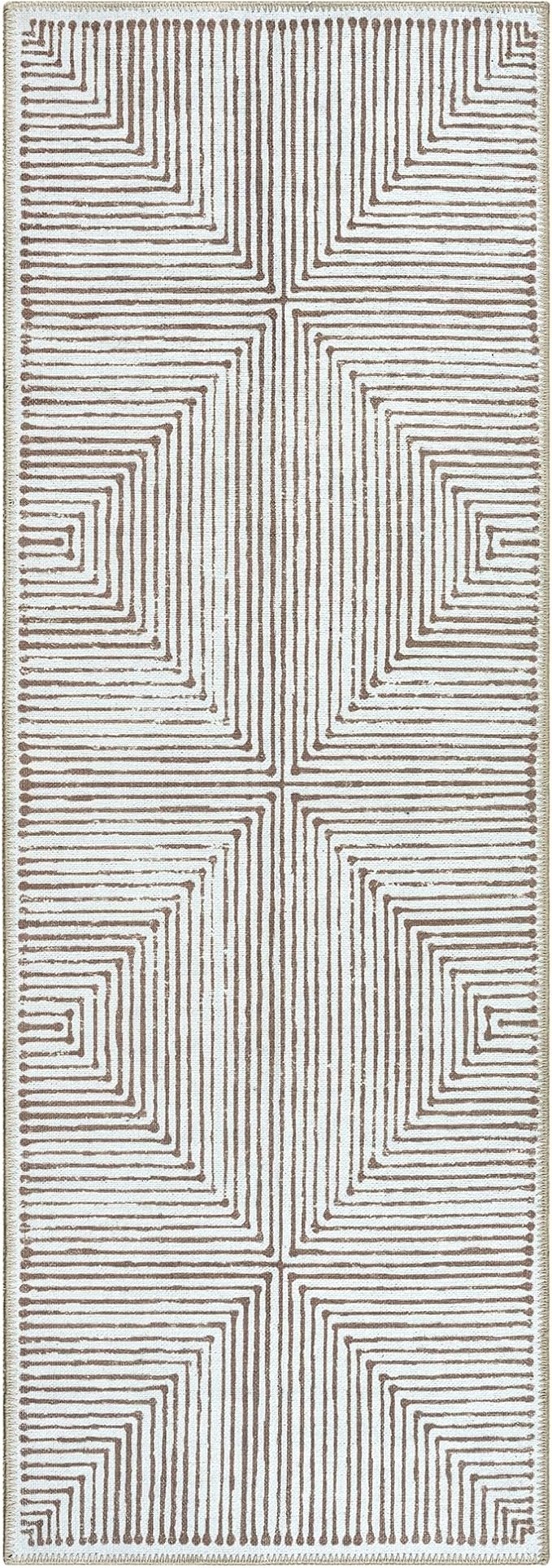 Bloom Rugs Washable Non-Slip 10 ft Runner - Brown Striped Runner for Entryway, Hallway, Bathroom, and Kitchen - Exact Size: 2.5' x 10'