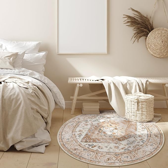 Lahome Boho Round Rug - 3Ft Washable Area Rug, Non-Slip Small Bathroom Rug, Lightweight Bedroom Throw, Oriental Distressed Print Carpet for Entryway, Sofa, Nursery, Kids Room
