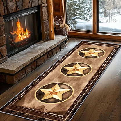 Gold Five-Point Star Runner Rug, 2x7ft Washable Hallway Badge Carpet, Corridor Accent Rugs, Stylish Decorative Runner for Home Hallway & Foyer, Vintage Style Non-Slip Mat