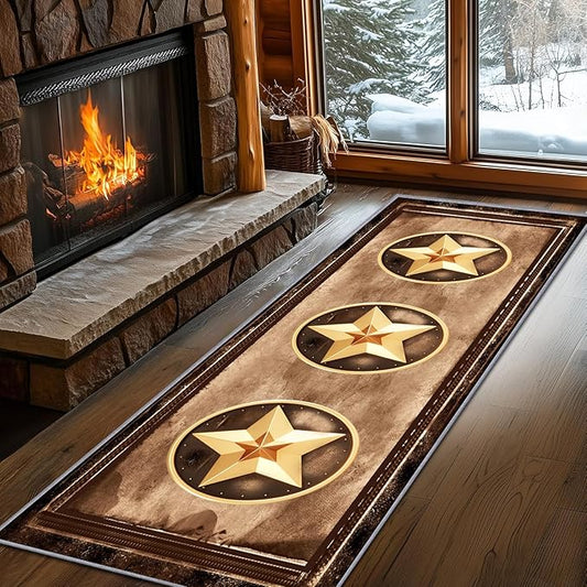 Gold Five-Point Star Runner Rug, 3x12ft Washable Hallway Badge Carpet, Corridor Accent Rugs, Stylish Decorative Runner for Home Hallway & Foyer, Vintage Style Non-Slip Mat