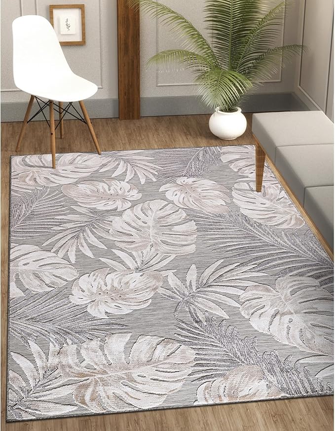 CAMILSON Indoor Outdoor Rug, Beige 9’x12’ Leaf Tropical Botanical Area Rugs for Indoor and Outdoor patios, Easy-Cleaning Non-Shedding Living Room, Garden and Kitchen Washable Outside Carpet (9x12)