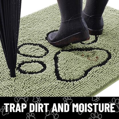Smiry Dog Door Mat for Muddy Paws, Absorbent Dirt Trapper Non Slip Quick Dry Washable Chenille Mat for Mud Dogs, Entry Rug for Indoor and Outdoor (30x20 Inches, Sage Green and Black)