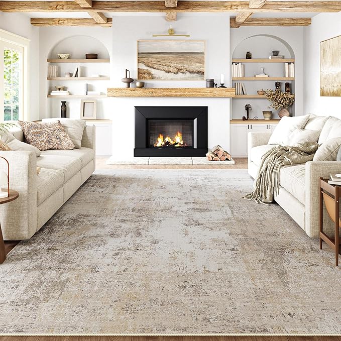 10x12 Area Rug Beige Grey Abstract Living Room Bedroom Washable Carpet Neutral Modern Non Slip Soft Low Pile Indoor Large Throw Rug for Dining Room Office